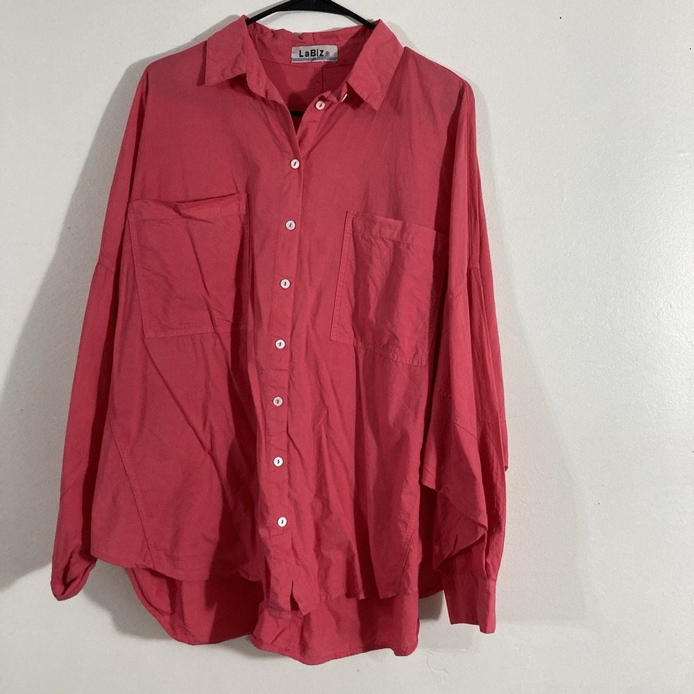 LaBiz Pink Cotton Button Up Blouse Size S Oversized Dolman Sleeve Boho Utility
